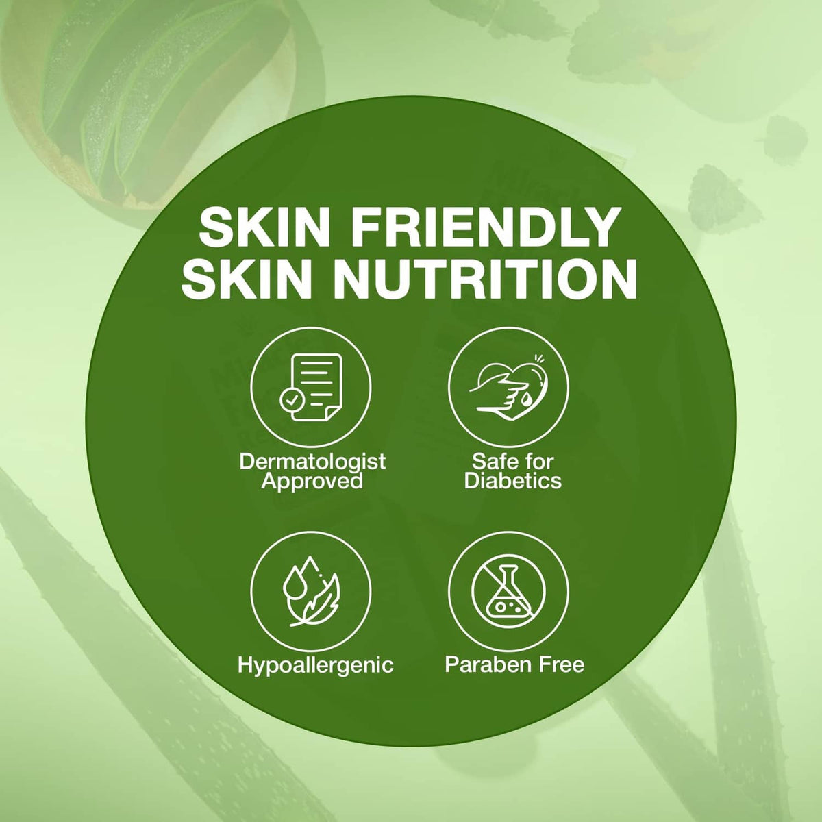 Skin-friendly nutrition certification badge with dermatologist approved and paraben-free icons