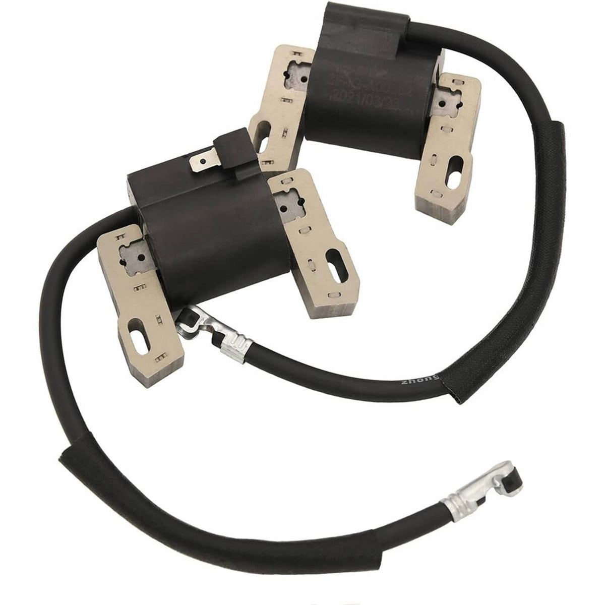 Ignition coil set with two black canisters, mounting brackets, and spark plug wires