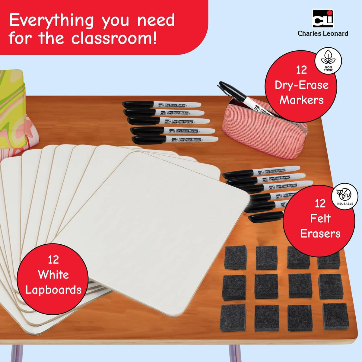 White lapboards with dry erase markers and felt erasers, classroom pack bundle
