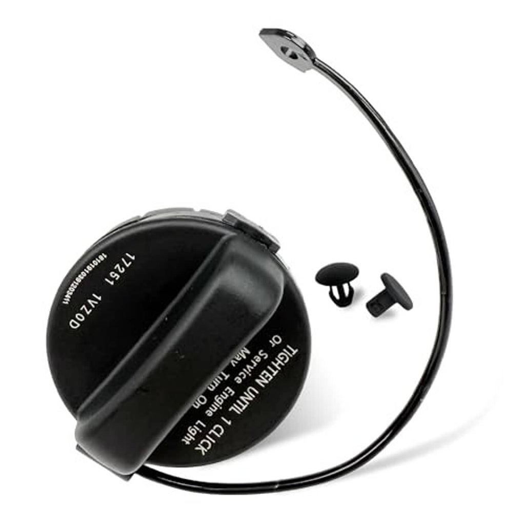 Fuel tank gas cap assembly: black cap, tether, and two push-in clips
