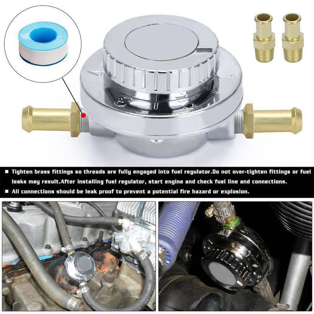 Chrome fuel pressure regulator with brass connector fittings and hose ports