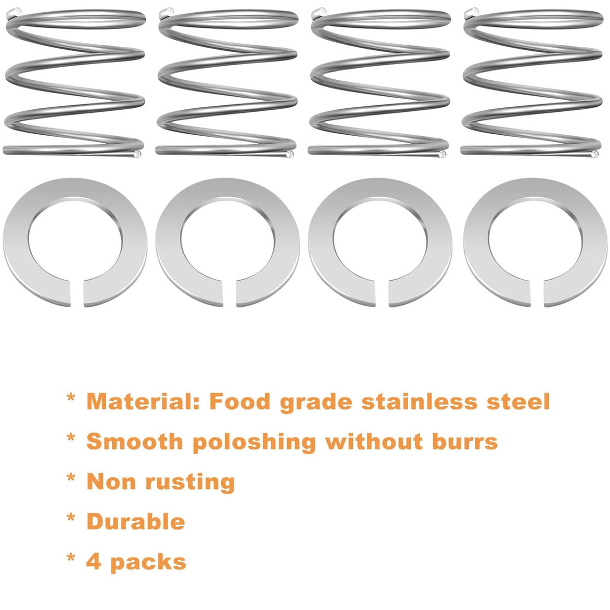 Spring and washer 4-pack with coiled metal springs and circular flat washers