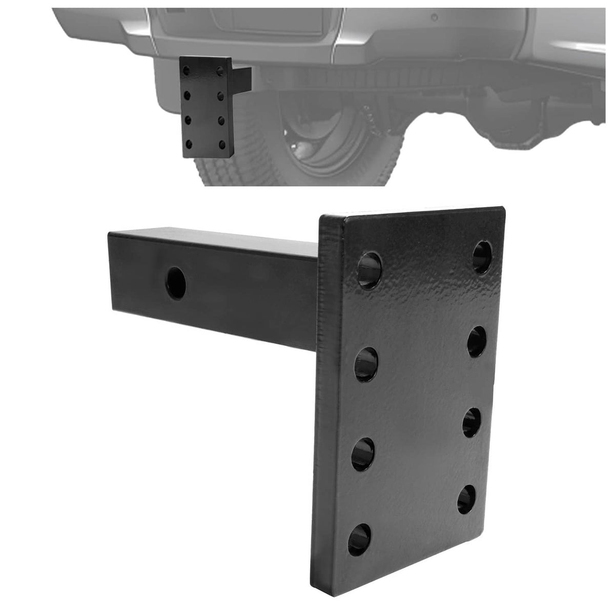 Black 8-hole hitch hook mounting plate attached to a 2-inch receiver hitch