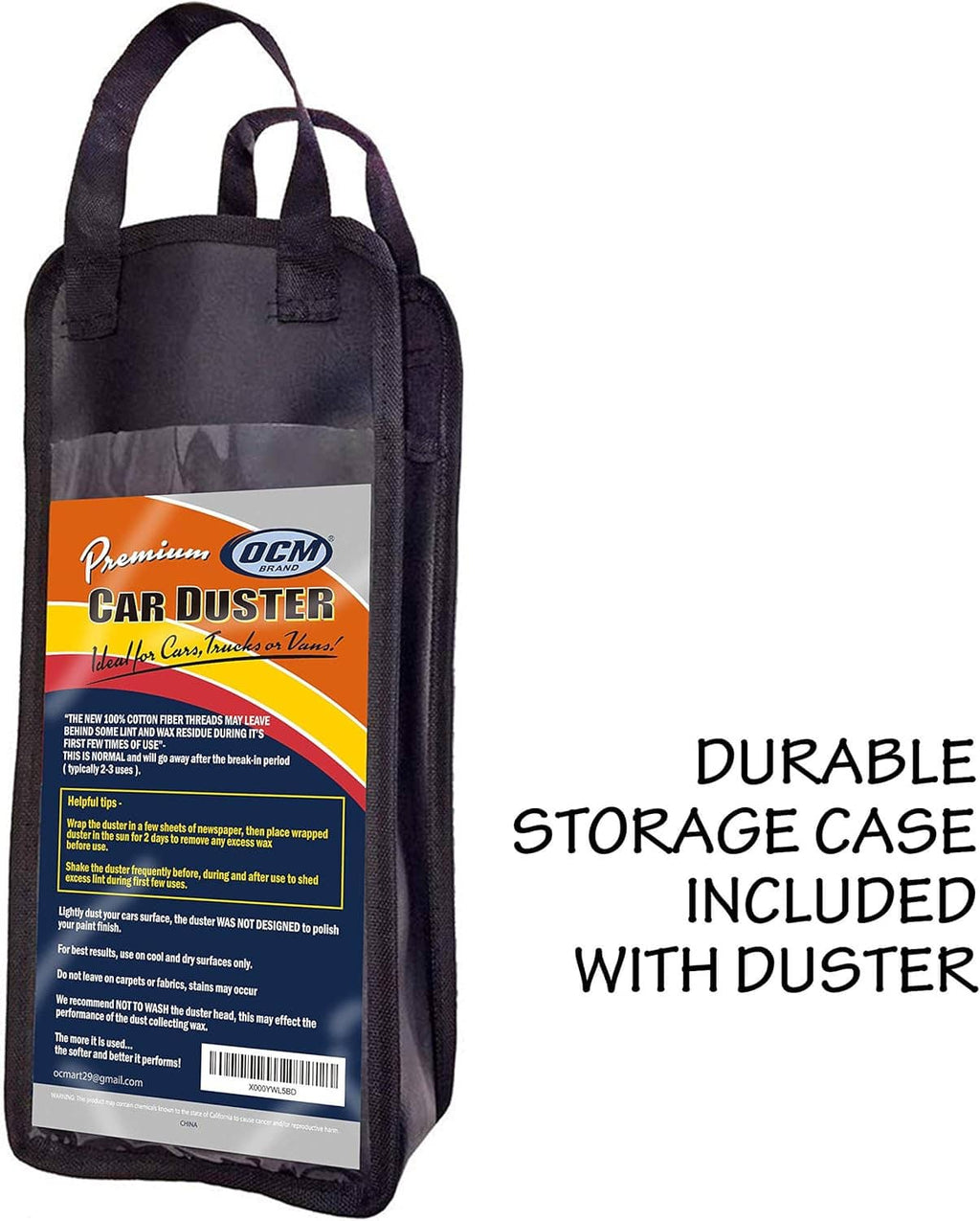 Black storage case for car duster with OCM label and carrying loop