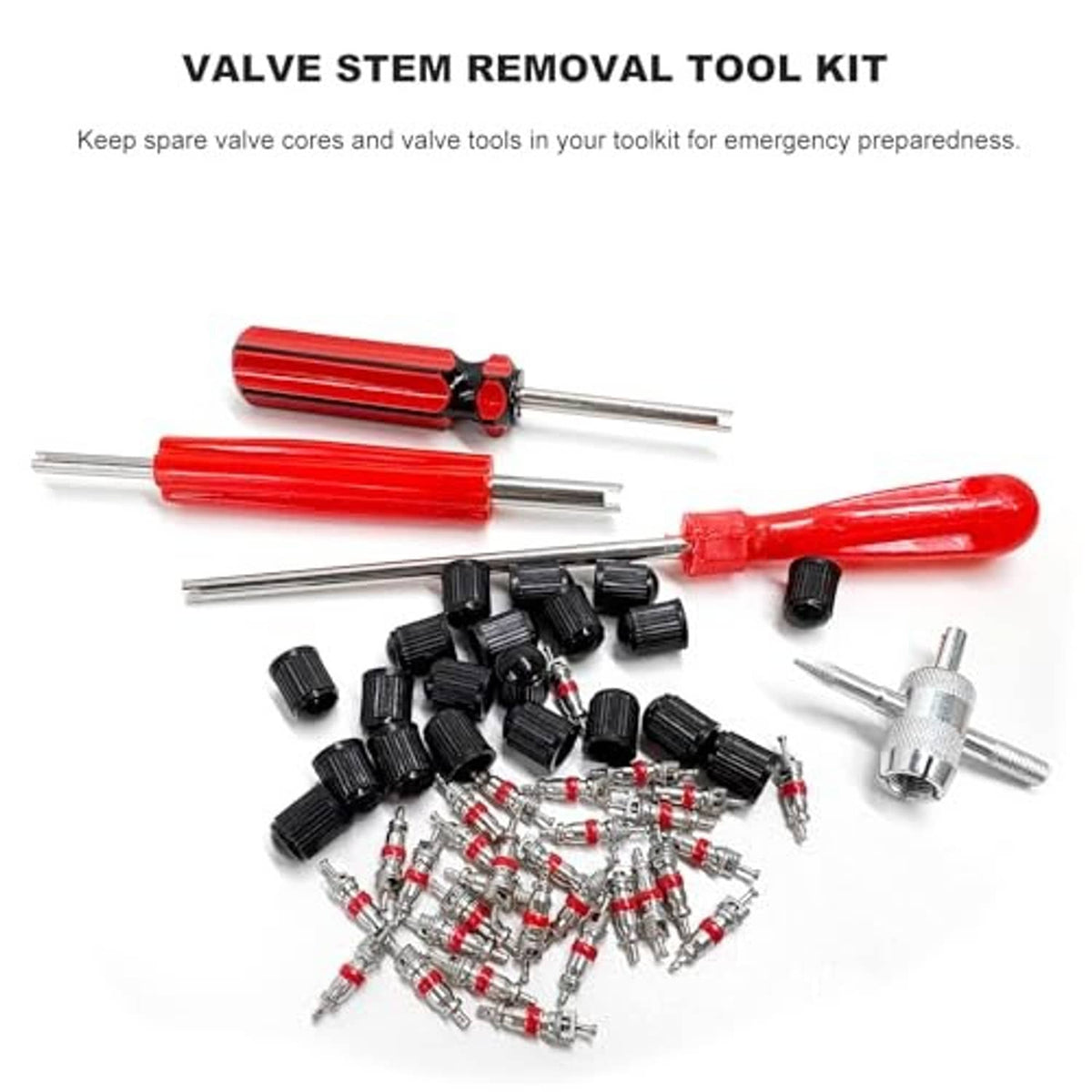 Valve stem removal tool kit with red handles, valve core extractors, and spare cores