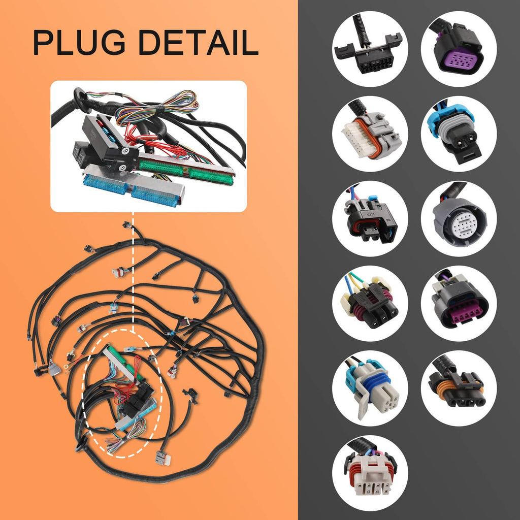 Wiring harness plug detail with matching connectors and multi-wire harness
