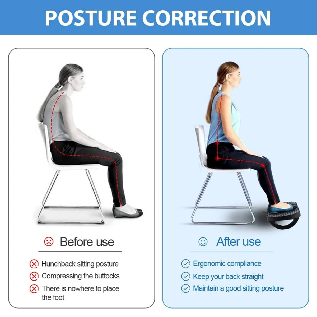 Black under-desk footrest used to encourage ergonomic sitting posture
