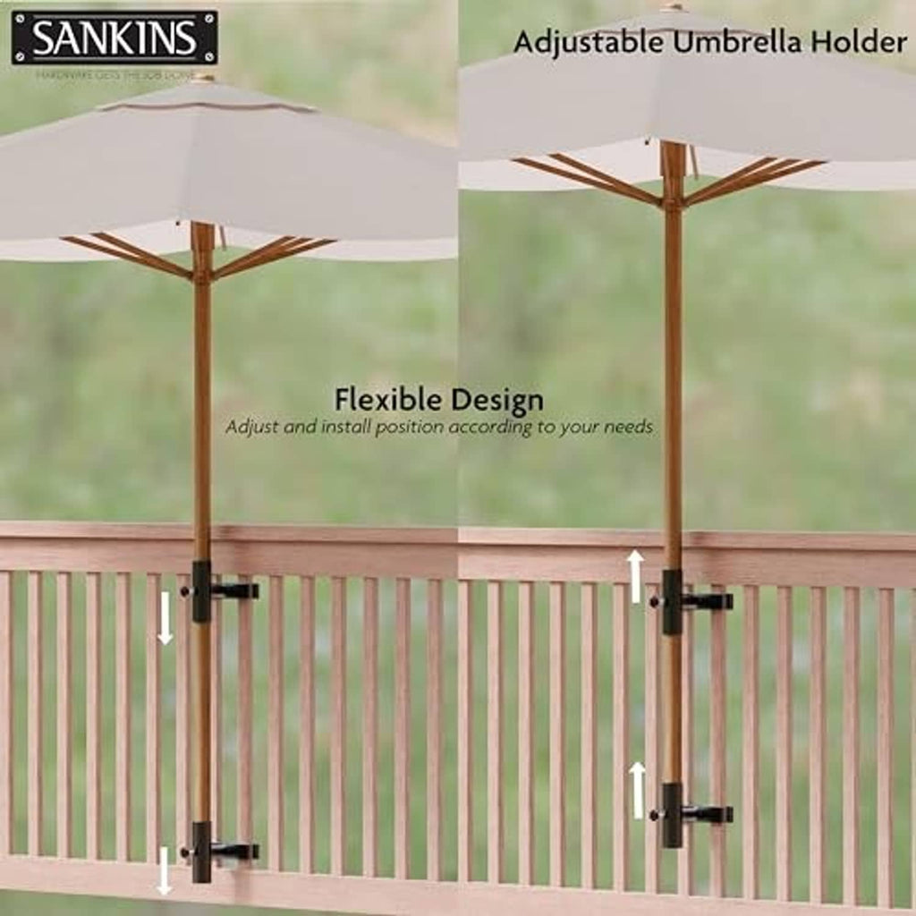 Adjustable umbrella holder brackets positioned on a deck railing for secure mounting