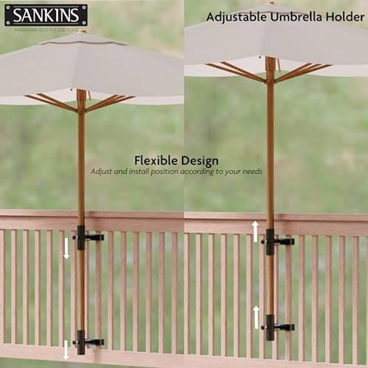 Adjustable umbrella holder brackets positioned on a deck railing for secure mounting