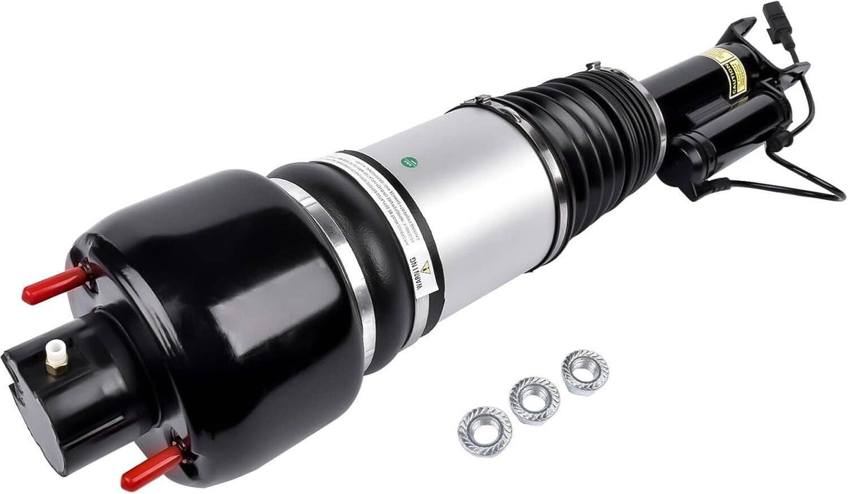 Front left air suspension strut with black sleeve and silver cylinder, with metal nuts