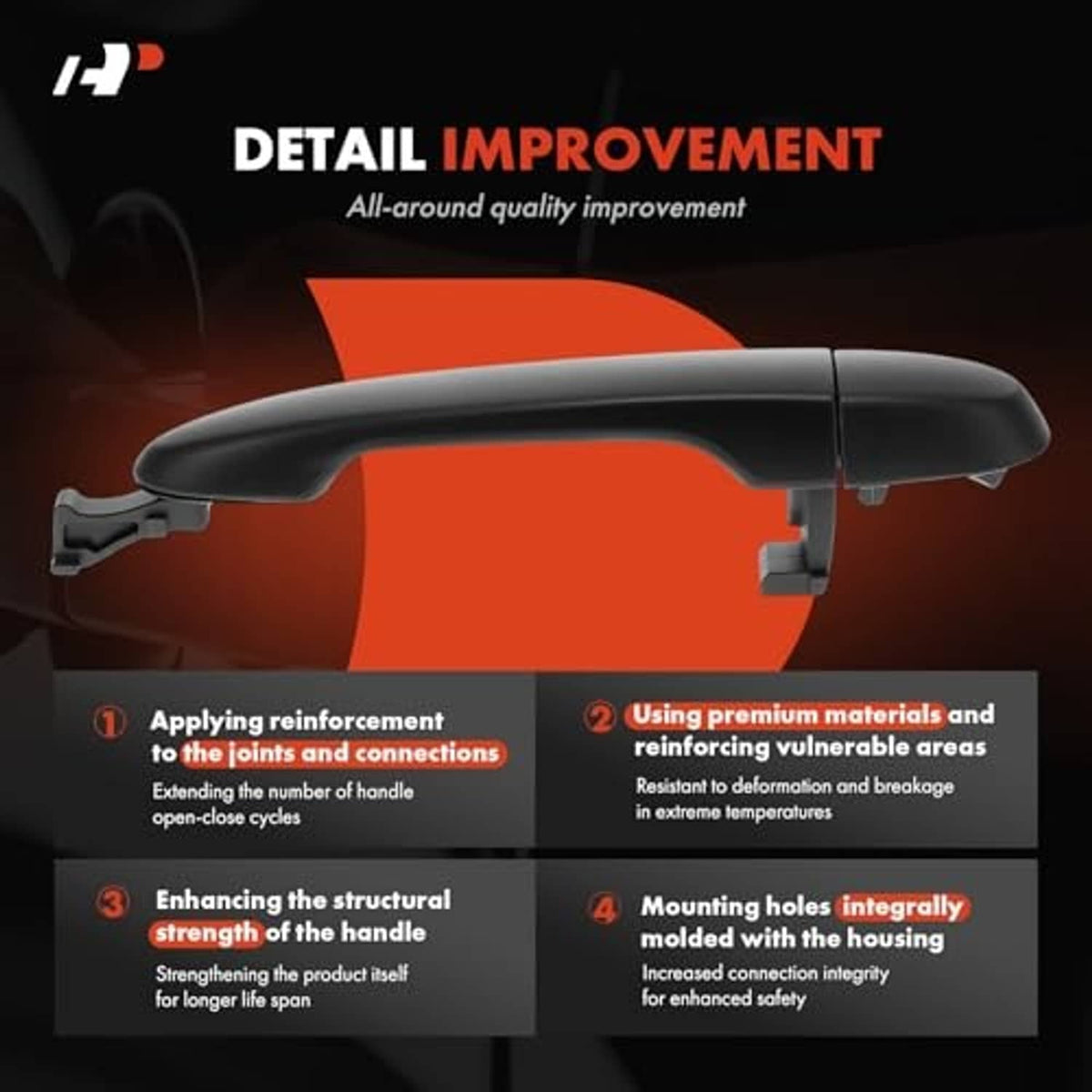 Black exterior door handle close-up diagram showing reinforcement and mounting area