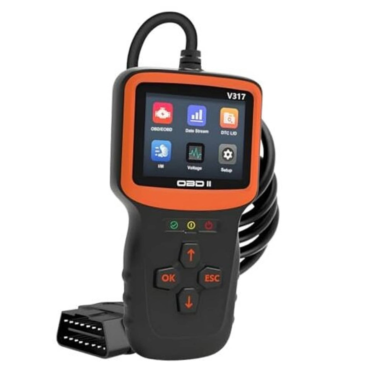 OBD2 diagnostic scanner tool with orange screen bezel and black handheld body