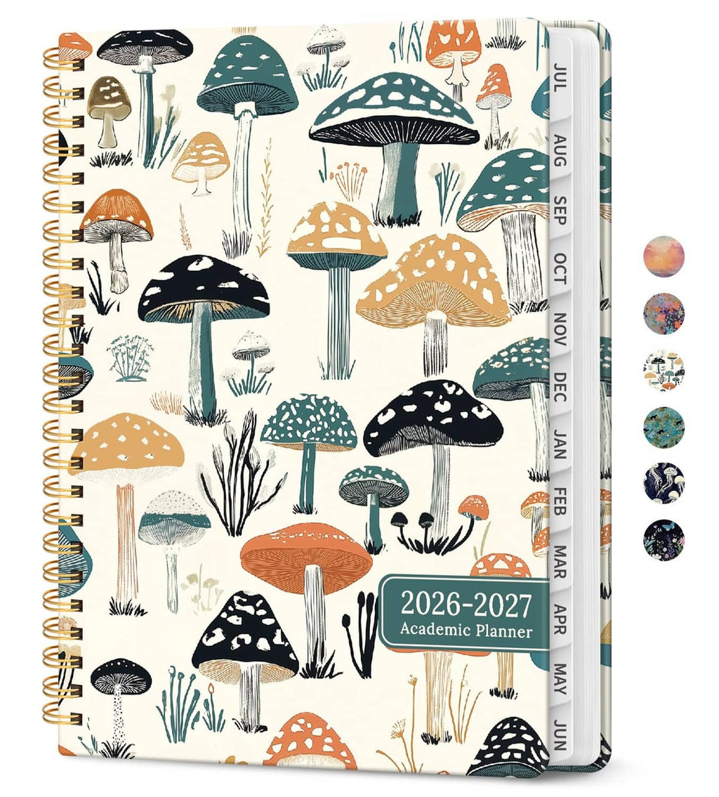 6.3"x8.5" academic planner with mushroom pattern cover and spiral binding