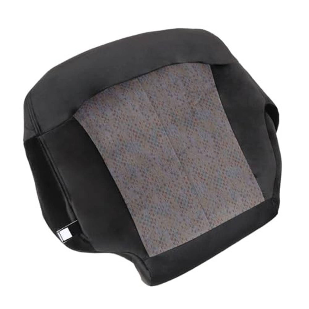 Dark gray cloth seat cover with gray patterned insert and curved padded edges