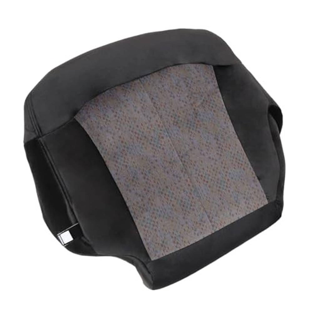 Dark gray cloth seat cover with gray patterned insert and curved padded edges