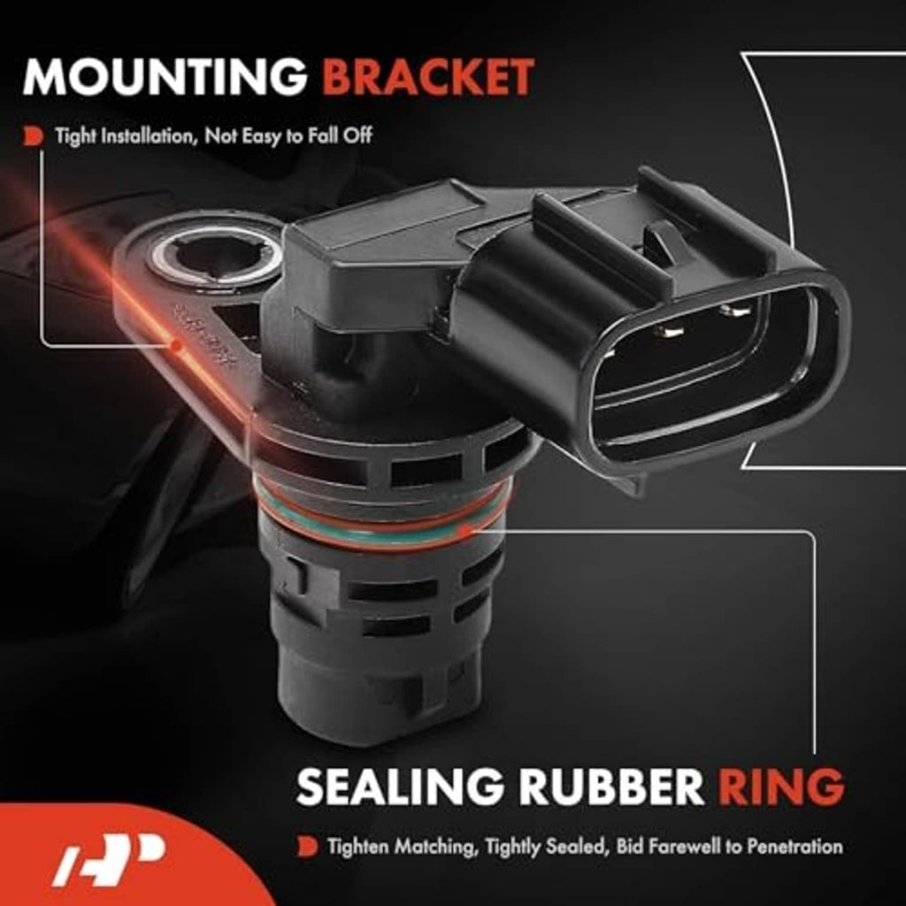 Camshaft position sensor with angled bracket and black rubber sealing ring.