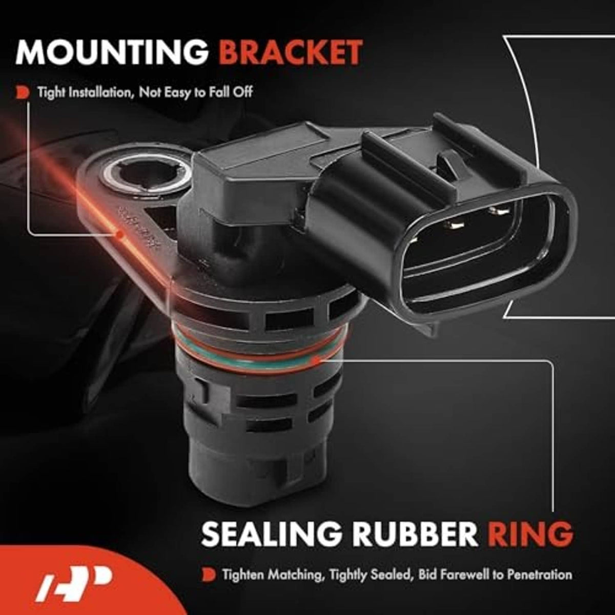 Camshaft position sensor with angled bracket and black rubber sealing ring.