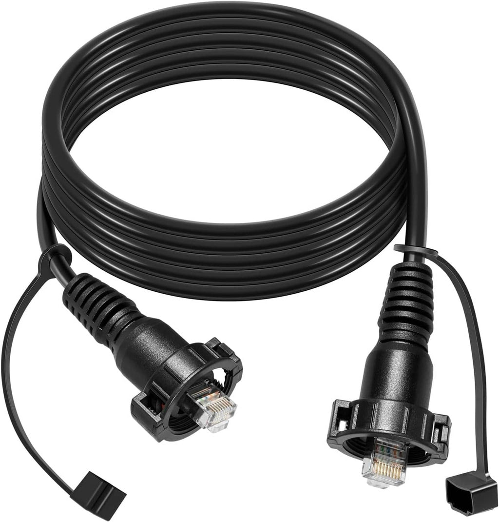 Black RJ45 marine network cable with two male RJ45 plugs and mounting brackets
