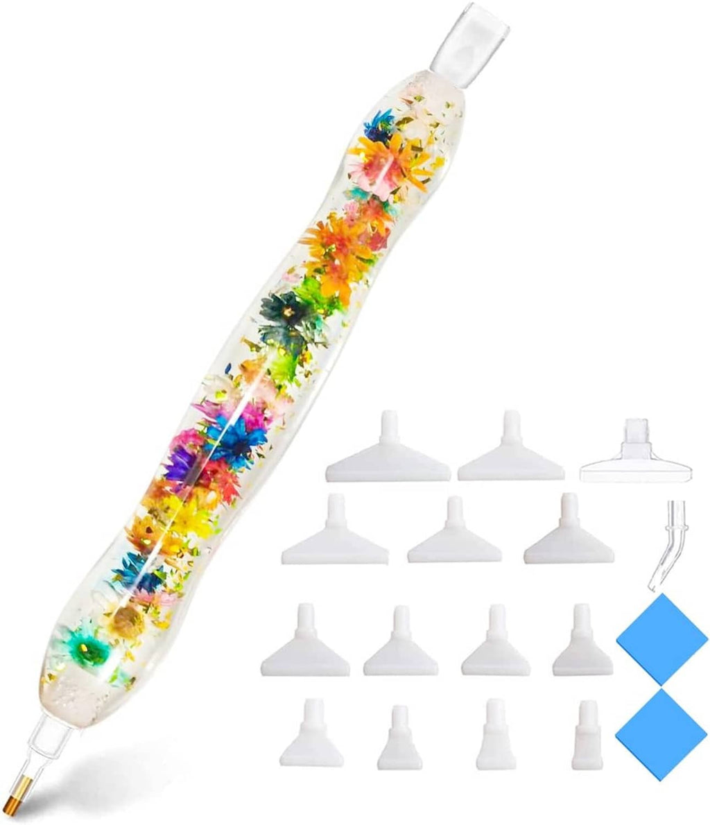 Diamond painting tool set with multicolor glitter pen, white funnel tips, and blue markers
