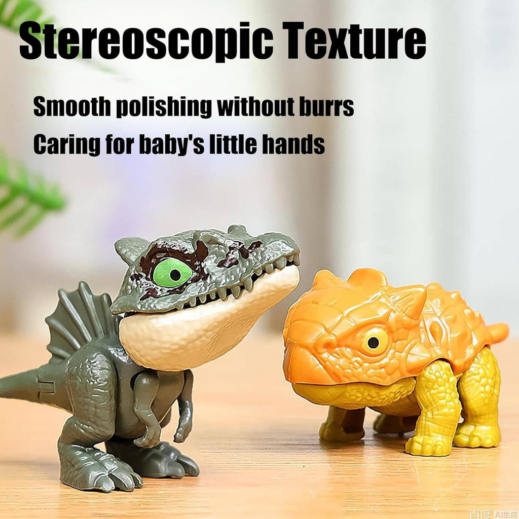 Green and yellow biting finger dinosaur toy figures standing side by side