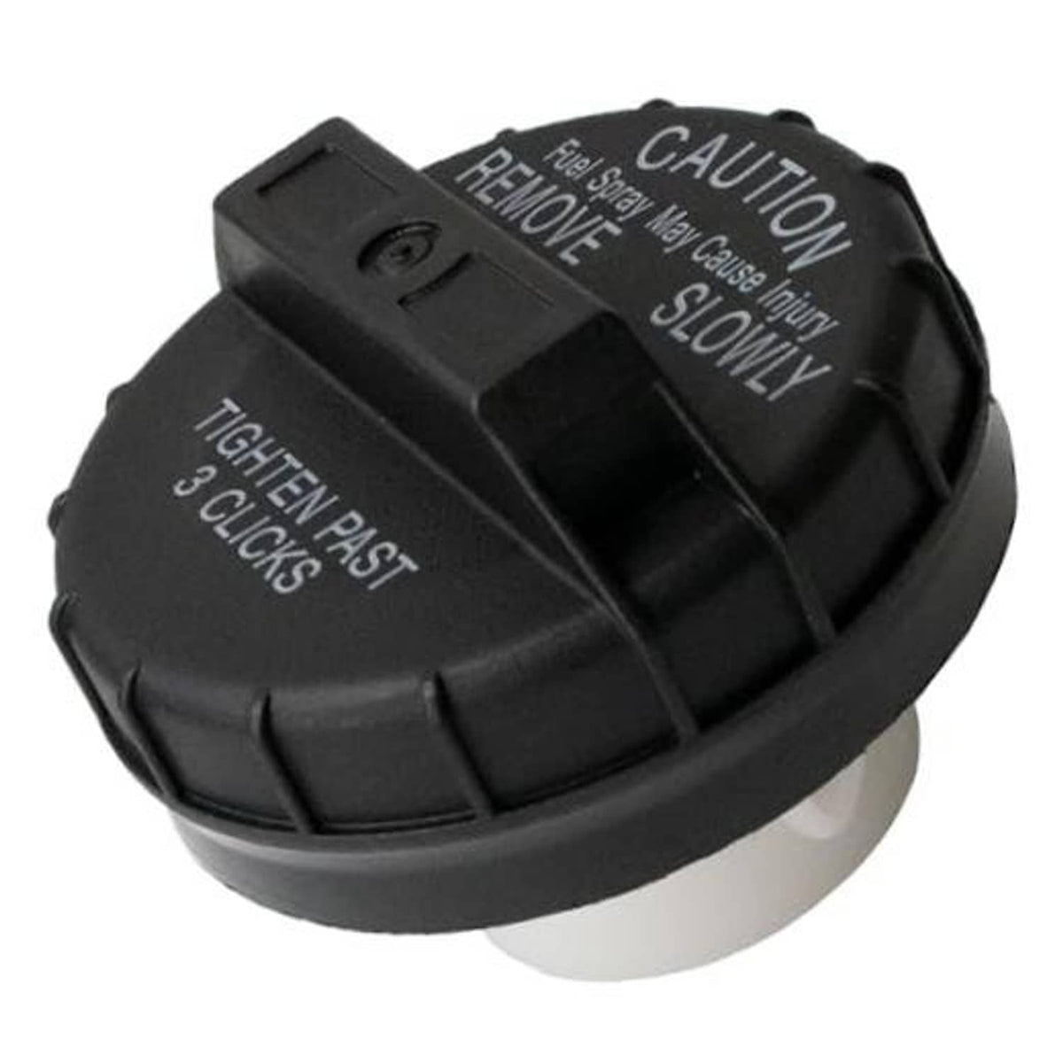 Black fuel tank gas cap with caution “REMOVE SLOWLY” text and locking tabs