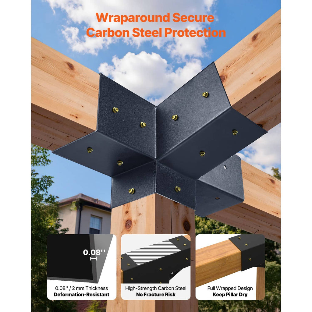 Black carbon-steel pergola bracket with cross-style four-way slanted arms and bolt holes
