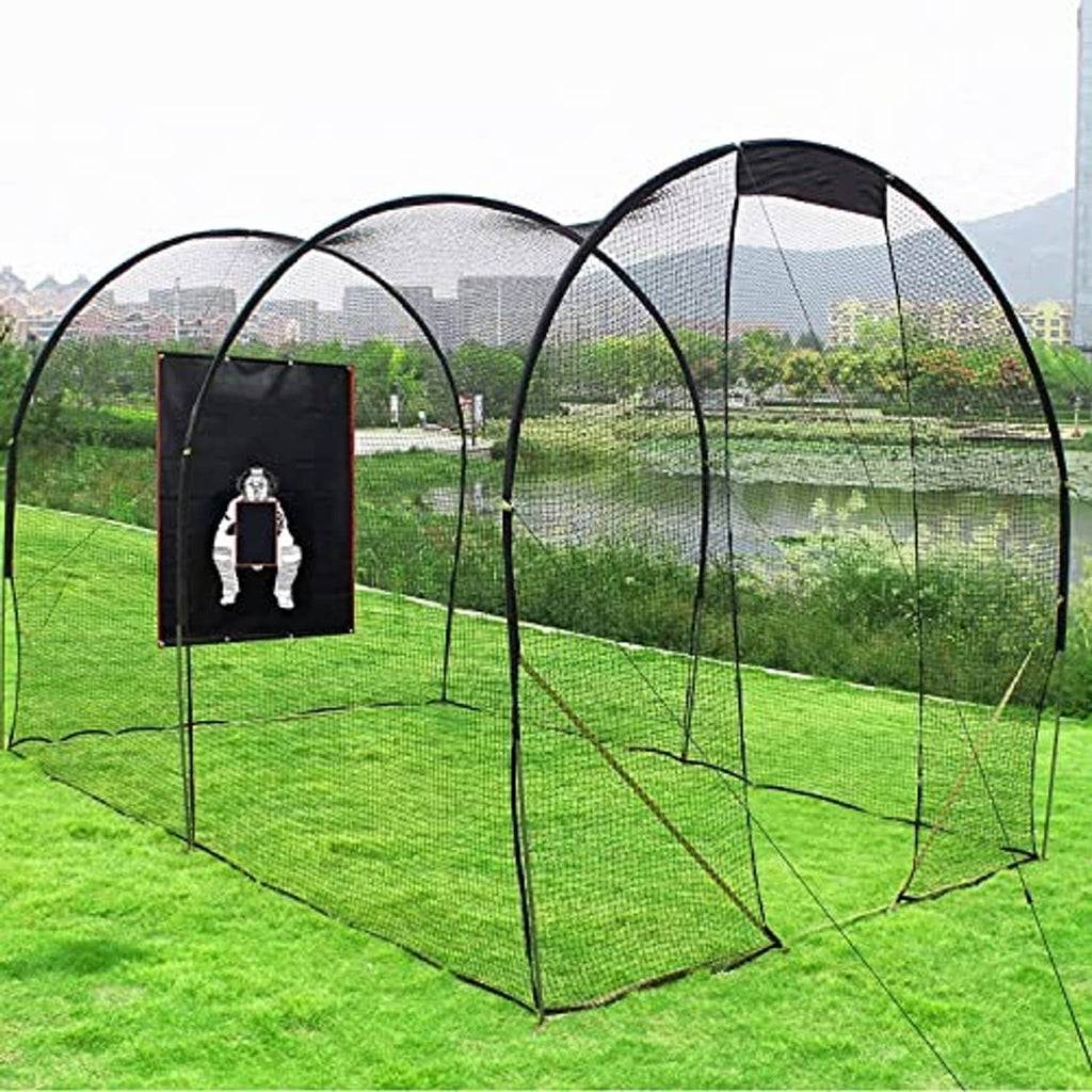 Wide outdoor baseball batting net cage with mesh walls and strike zone target panel
