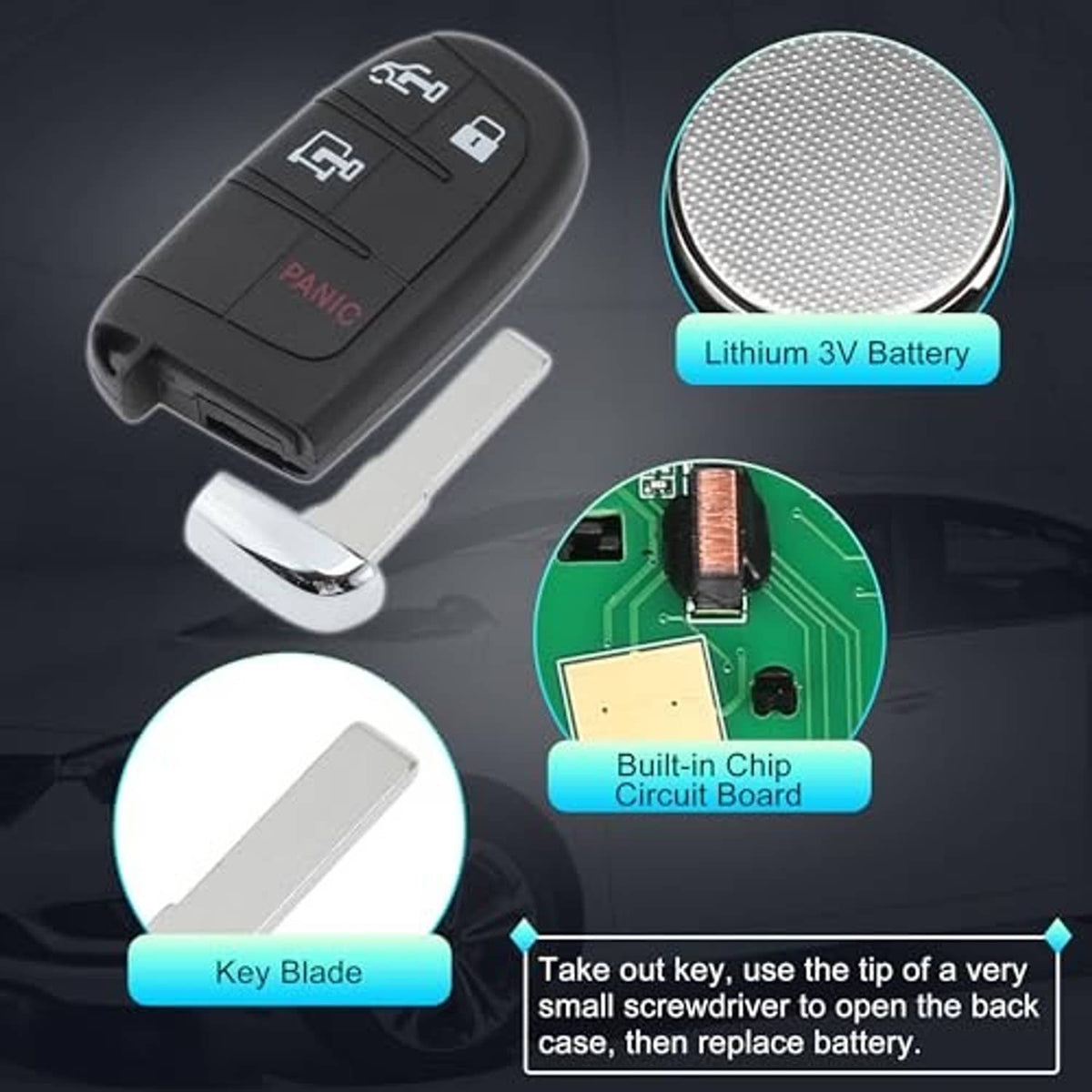 Black keyless remote fob open to show battery and built-in circuit board