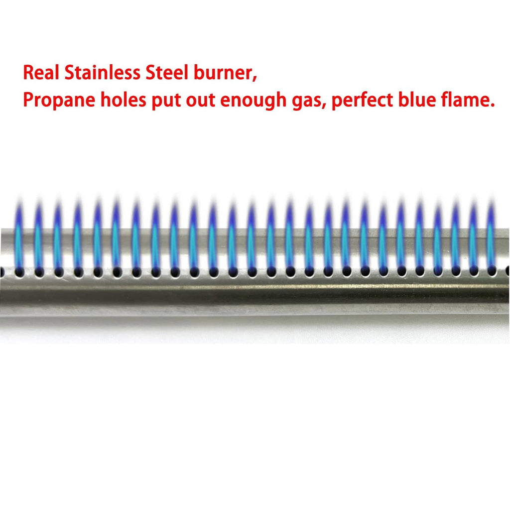 Stainless steel burner with vent holes, blue flame at ignition