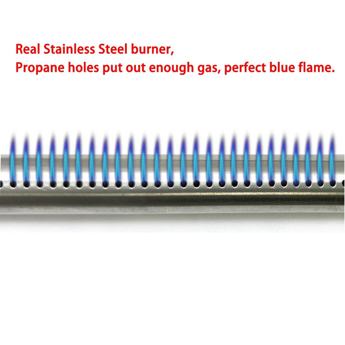 Stainless steel burner with vent holes, blue flame at ignition