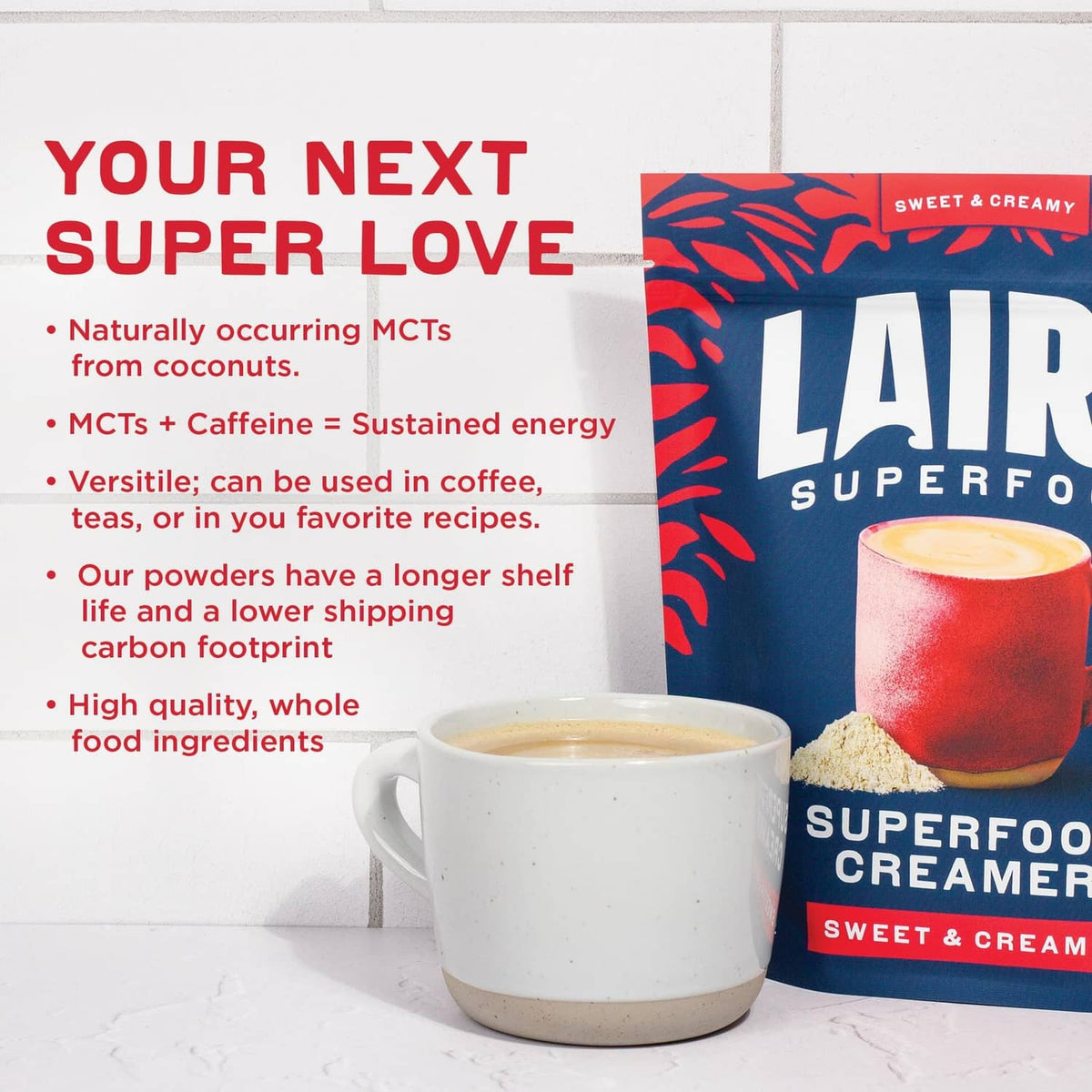 Coffee cup next to Laird Superfood coconut creamer pouch with red info panel