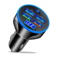 Black car USB charger with LED voltmeter and circular blue port panel