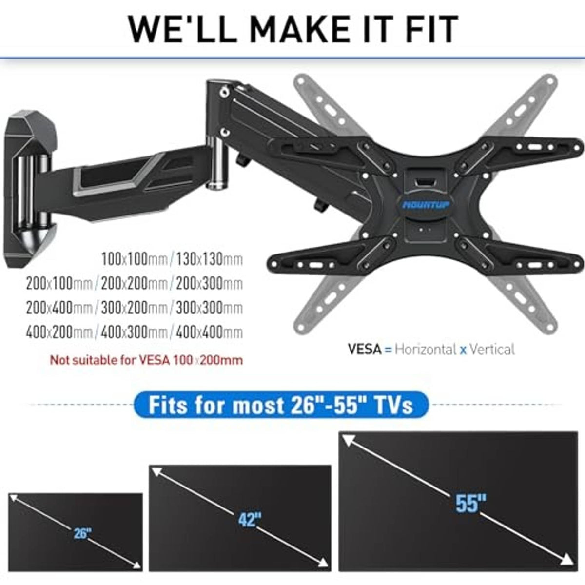 Height-adjustable TV wall mount diagram with size ranges and VESA layout