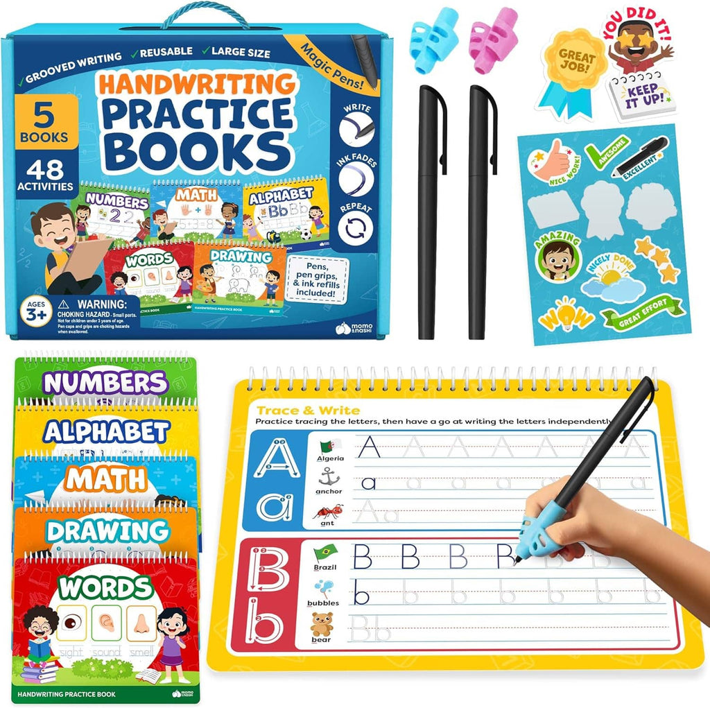 Kids grooved writing practice book set with reusable magic pens and writing pad