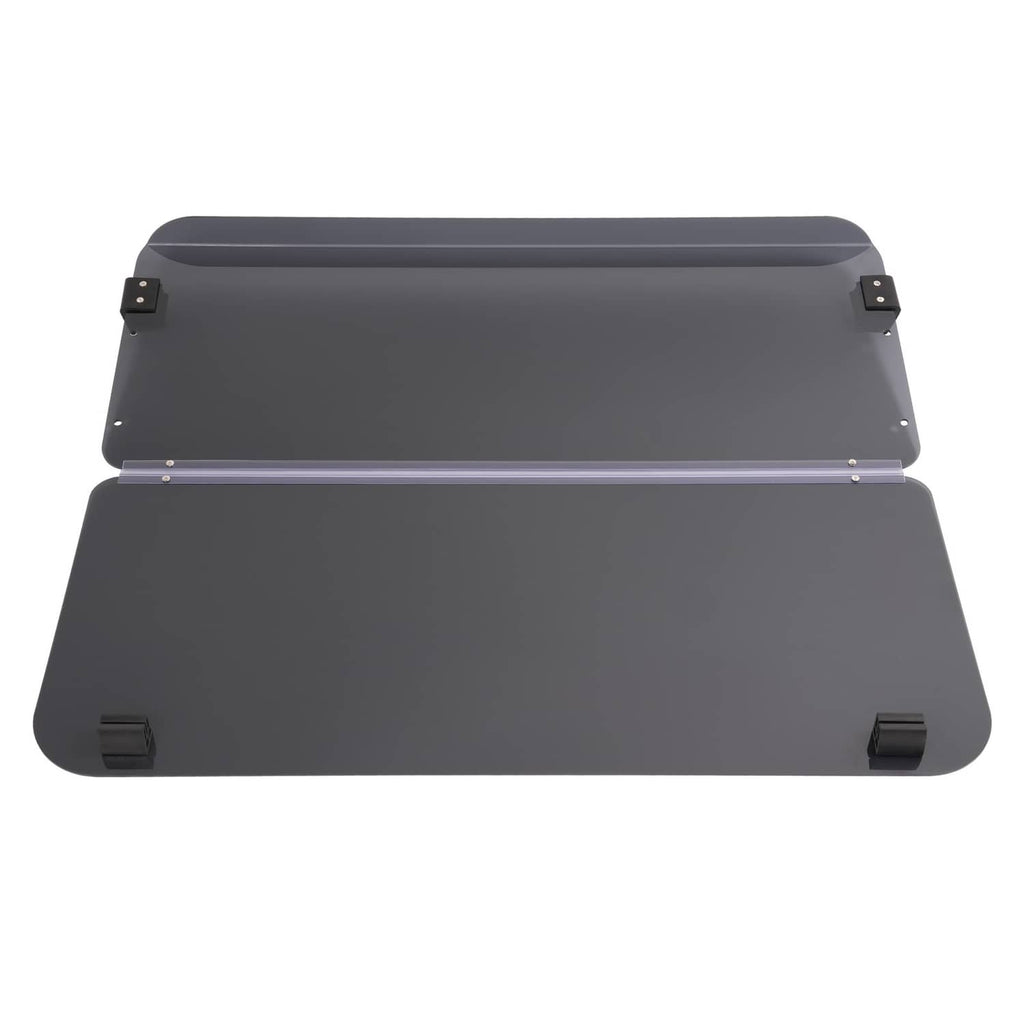 Fold-down tinted windshield with two dark panels, black end brackets, and hinge bar