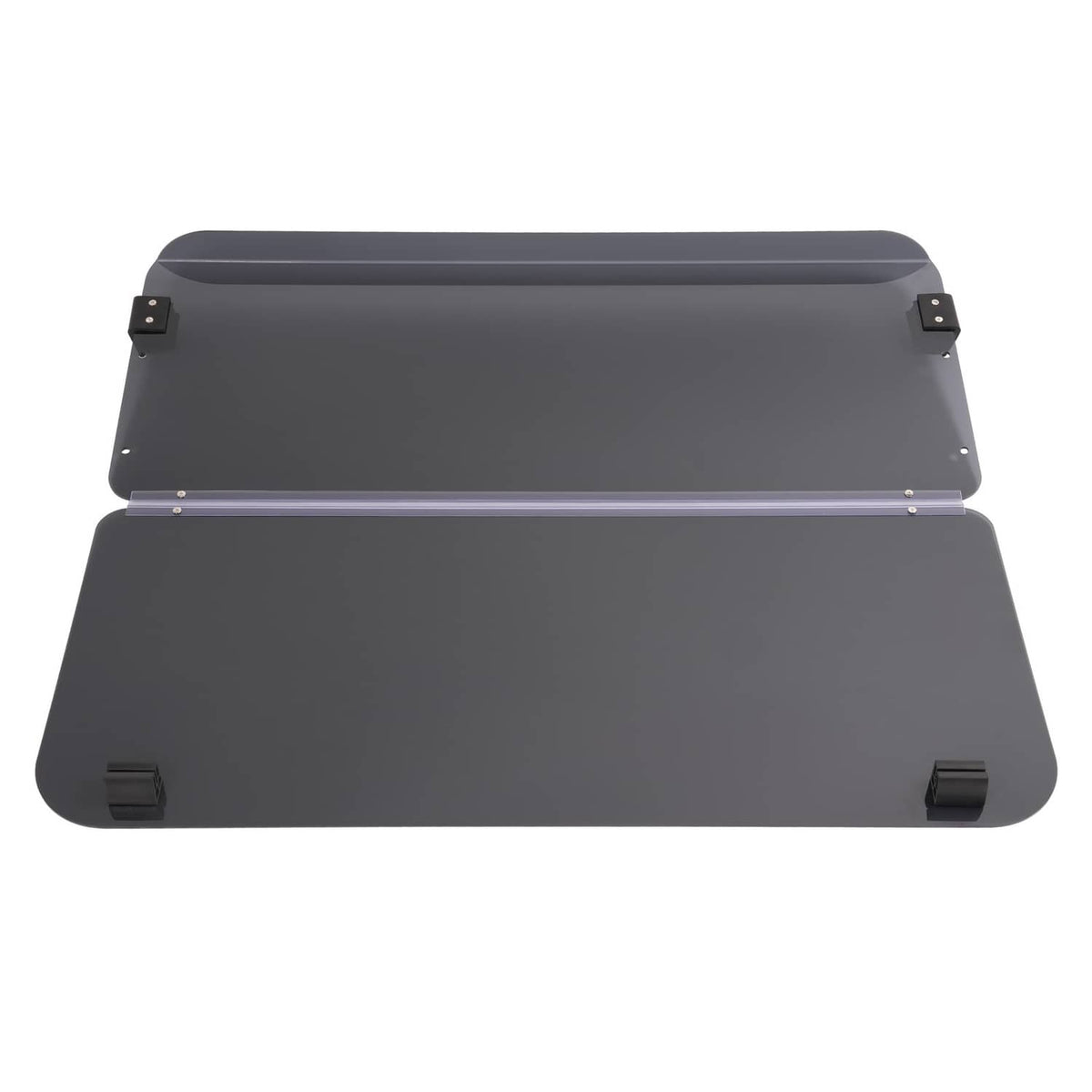 Fold-down tinted windshield with two dark panels, black end brackets, and hinge bar
