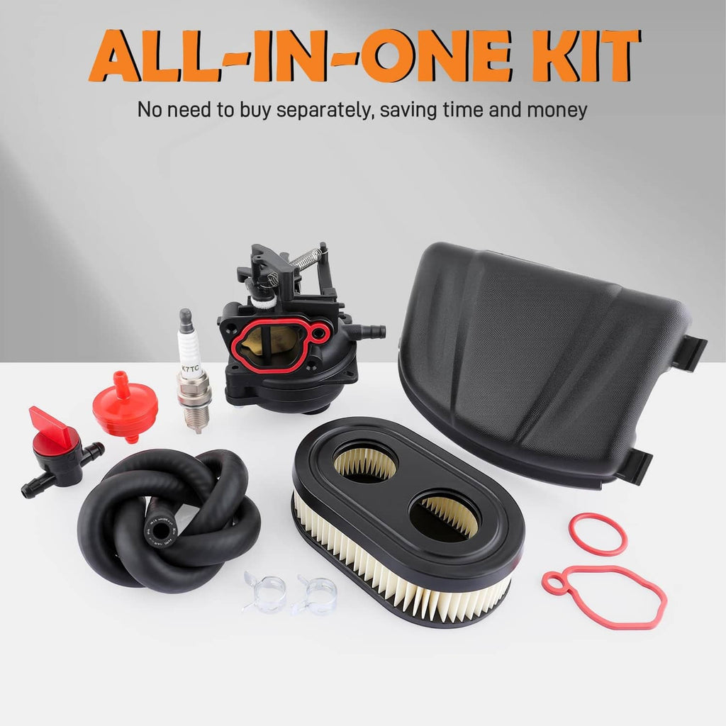 Carburetor kit with filter element, hoses, gaskets, and red-topped fuel fittings