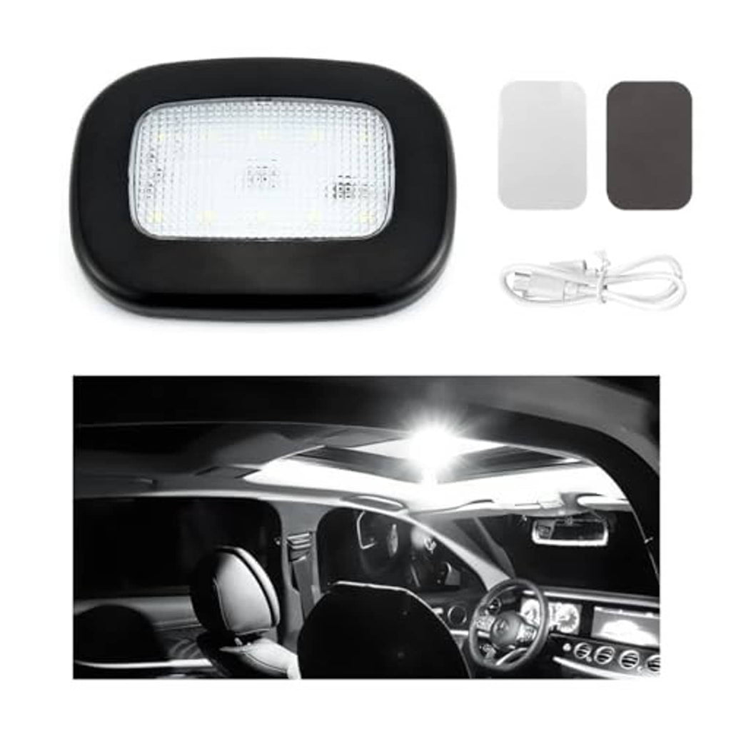 Black LED car roof light with rectangular diffuser, plus adhesive pads and USB cable