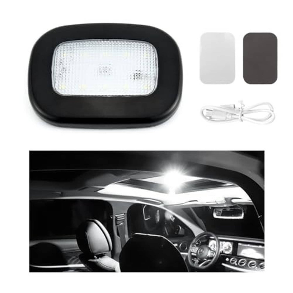 Black LED car roof light with rectangular diffuser, plus adhesive pads and USB cable