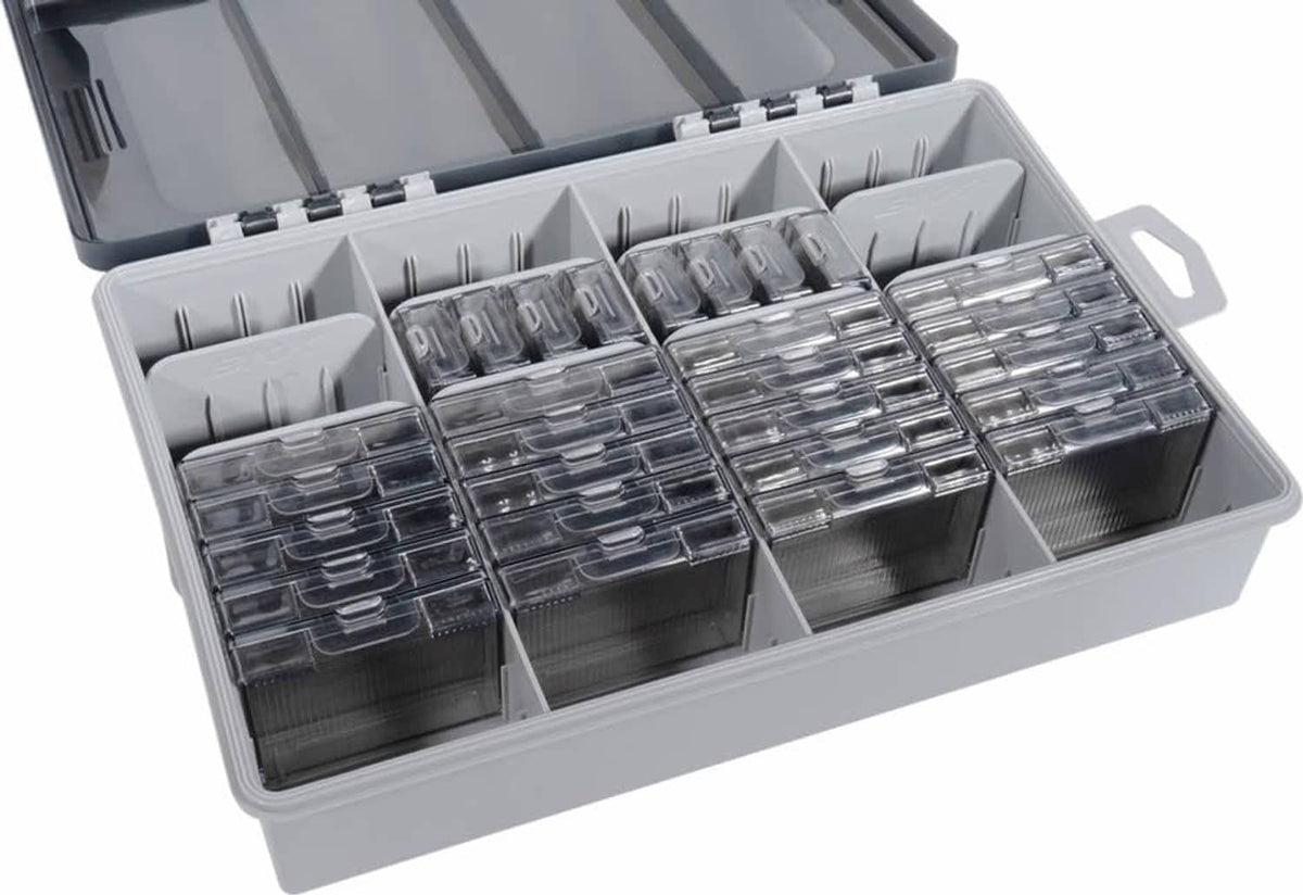 Open tackle case with divided sections and many rectangular metal boxes for organizing