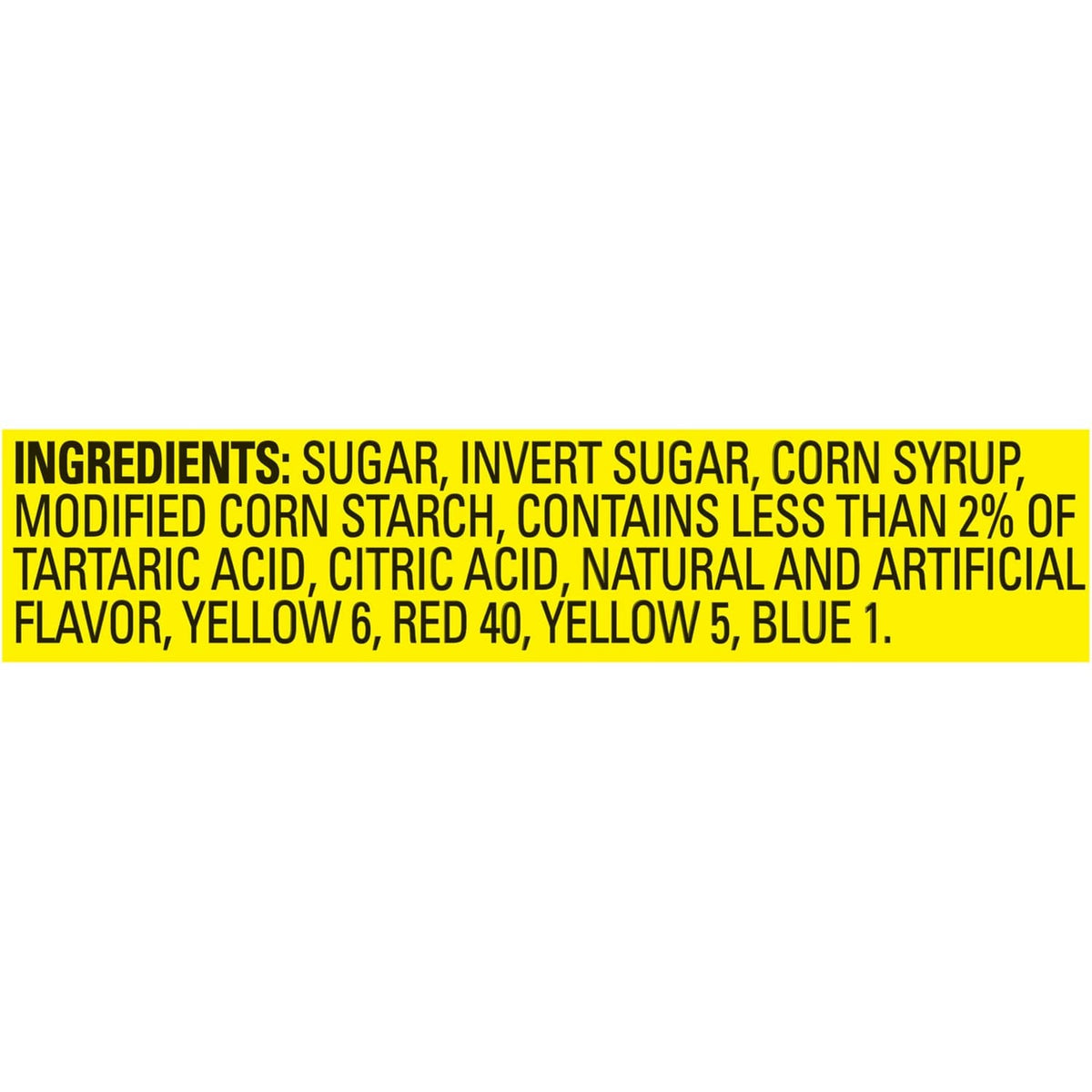 Ingredients label for soft and chewy candy: sugar, invert sugar, corn syrup, and flavorings