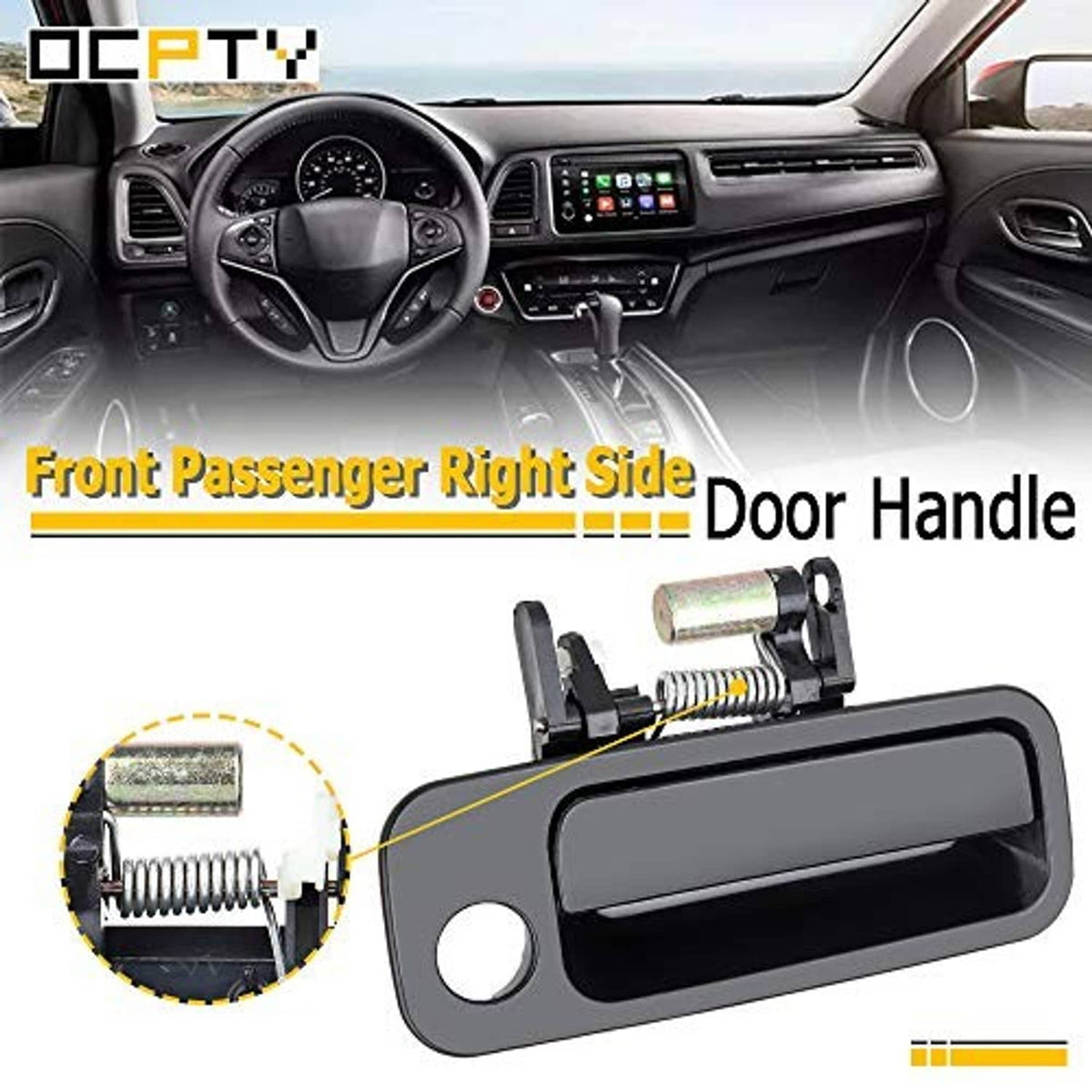 Black front passenger door handle with spring-loaded latch mechanism