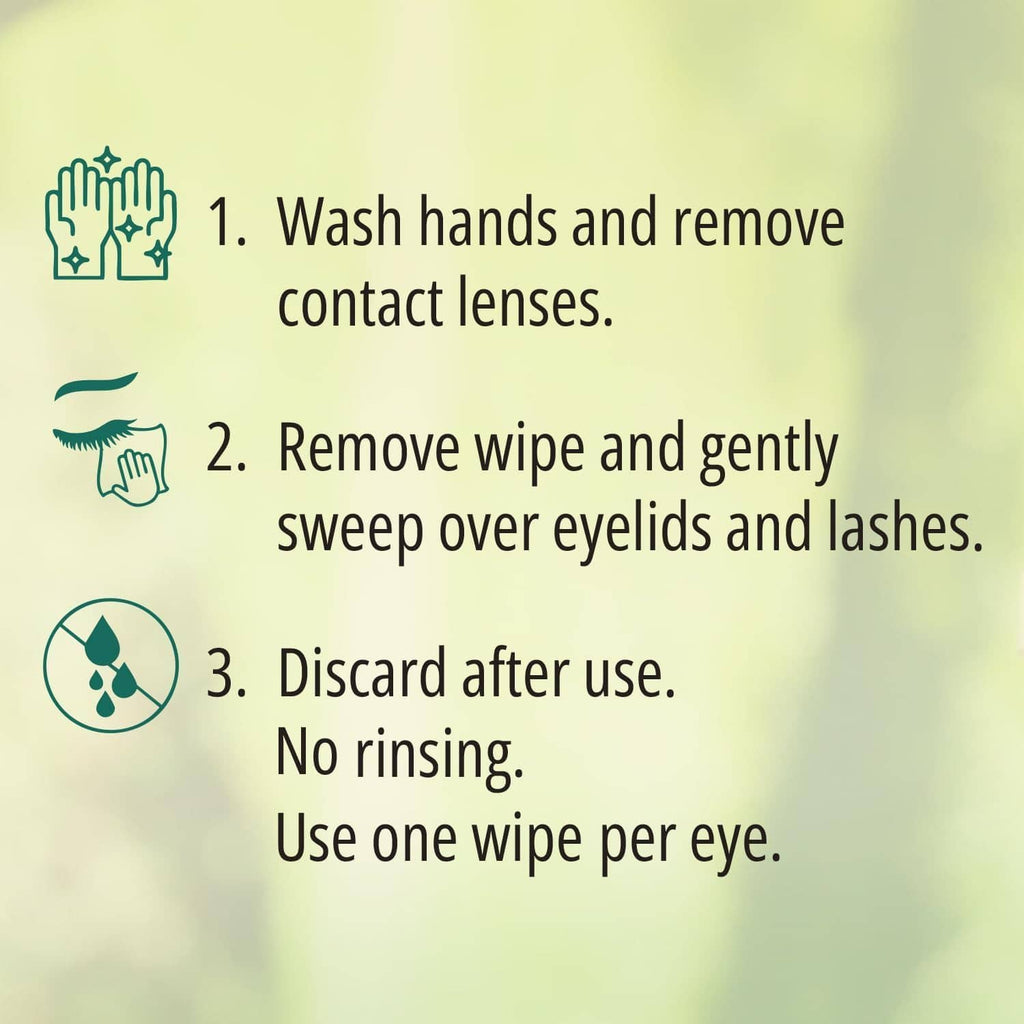 How-to usage steps panel with hand icons for eyelid wipes application