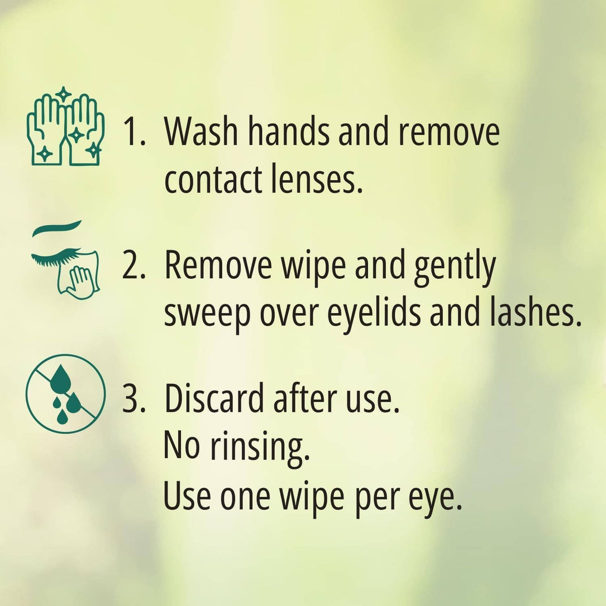 How-to usage steps panel with hand icons for eyelid wipes application
