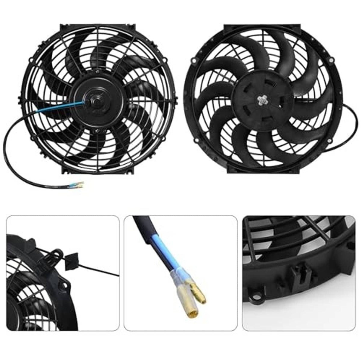 Dual 10-inch electric cooling fan with black blade grille and connector/wiring detail