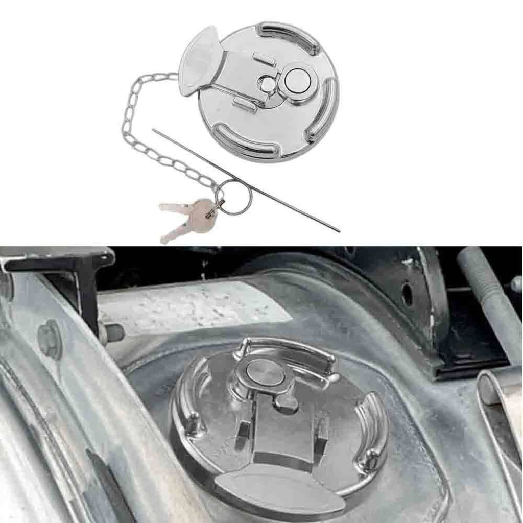 Installed locking diesel fuel cap with metal chain and keys, shown from above