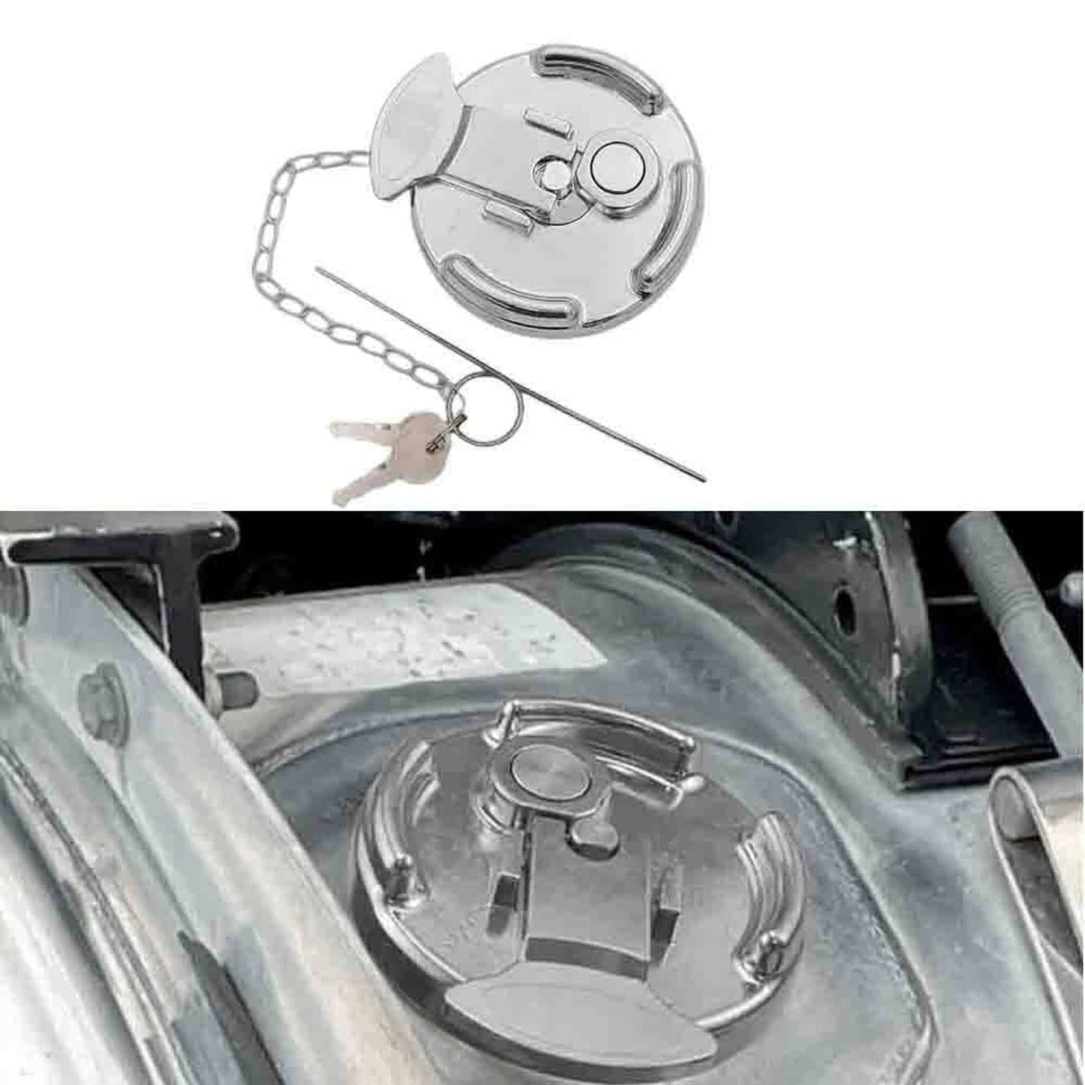 Installed locking diesel fuel cap with metal chain and keys, shown from above