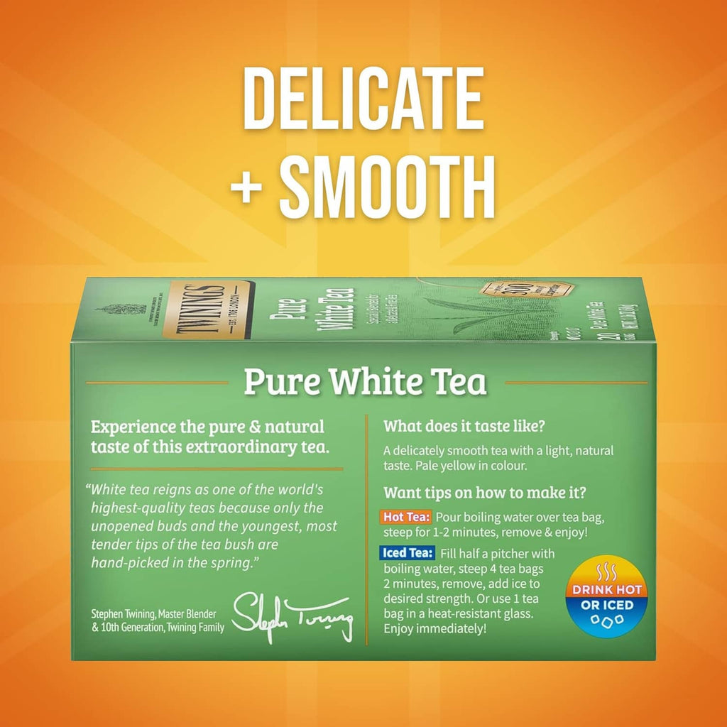 Twinings Pure White Tea box side panel with brewing notes and tasting details