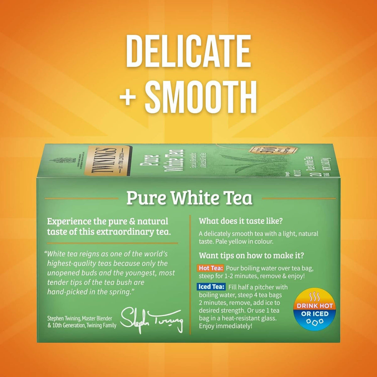 Twinings Pure White Tea box side panel with brewing notes and tasting details
