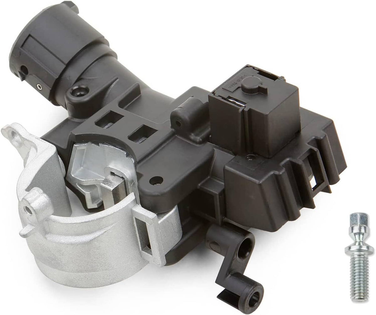 Ignition lock housing with black plastic body and silver metal bracket, side view